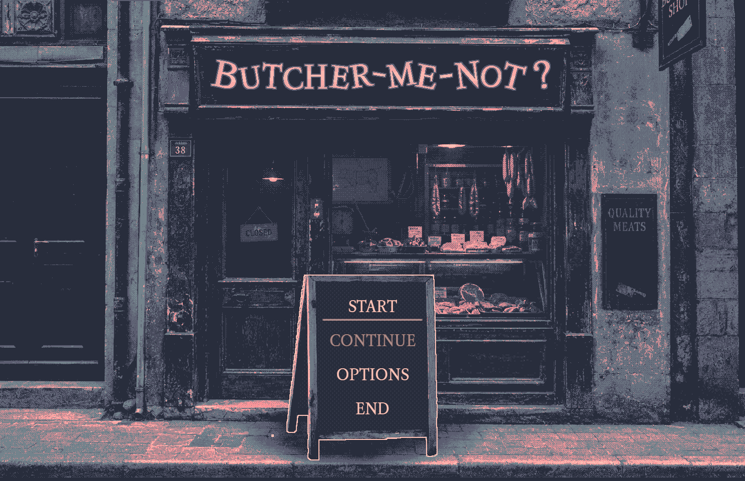A Butcher-Me-Not opening scene in the cramped swaying room, the butcher beside the protagonist, the stained knife catching the dim light.