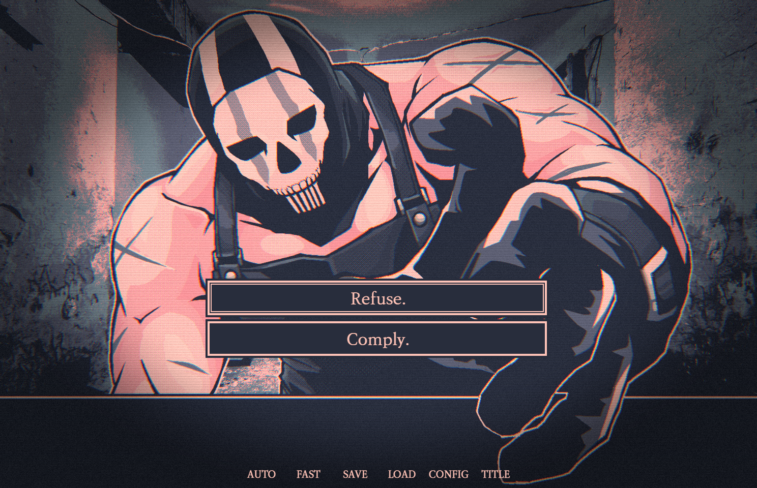 A Butcher-Me-Not late-game scene where the butcher's attention has shifted from inspection to something the protagonist does not want to name.