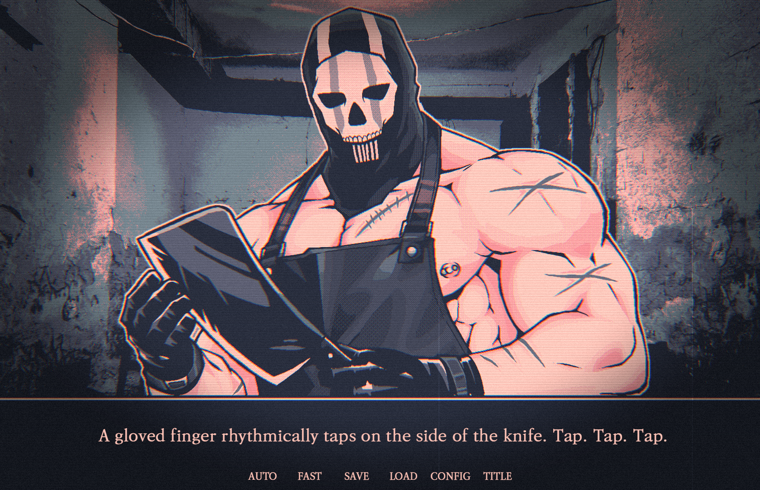 A Butcher-Me-Not character art panel of the butcher, half in shadow, half in the red accent light the game keeps returning to.