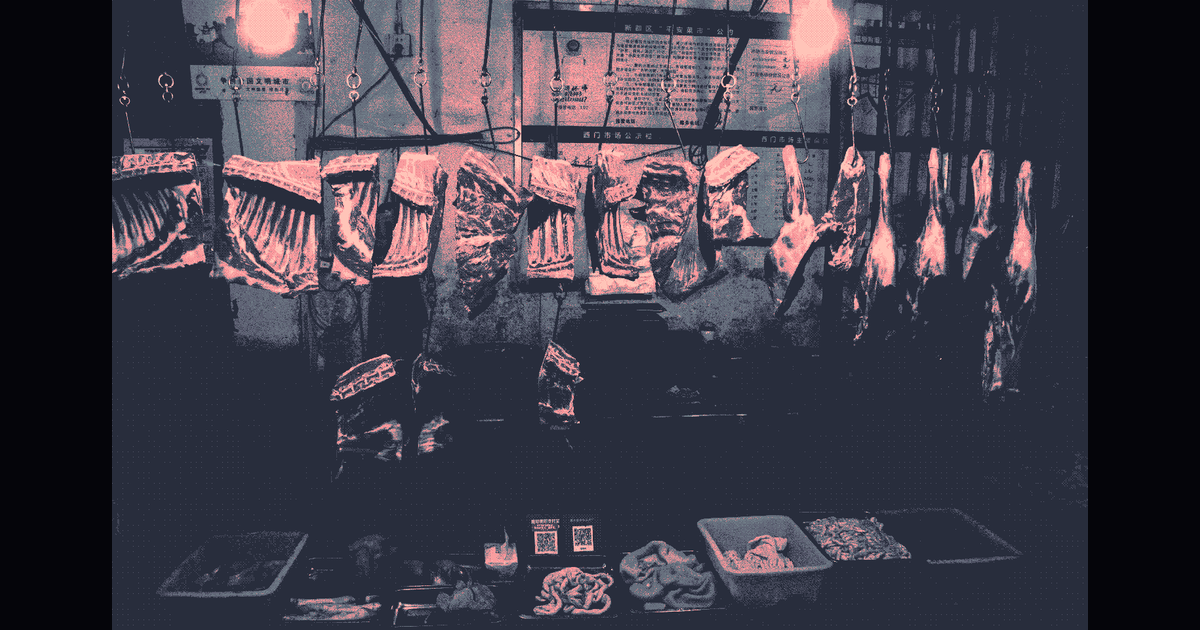 A Butcher-Me-Not scene rendered in the game's dark blue and red palette, the cramped room texture repeated as a reminder of the space the protagonist has not left.