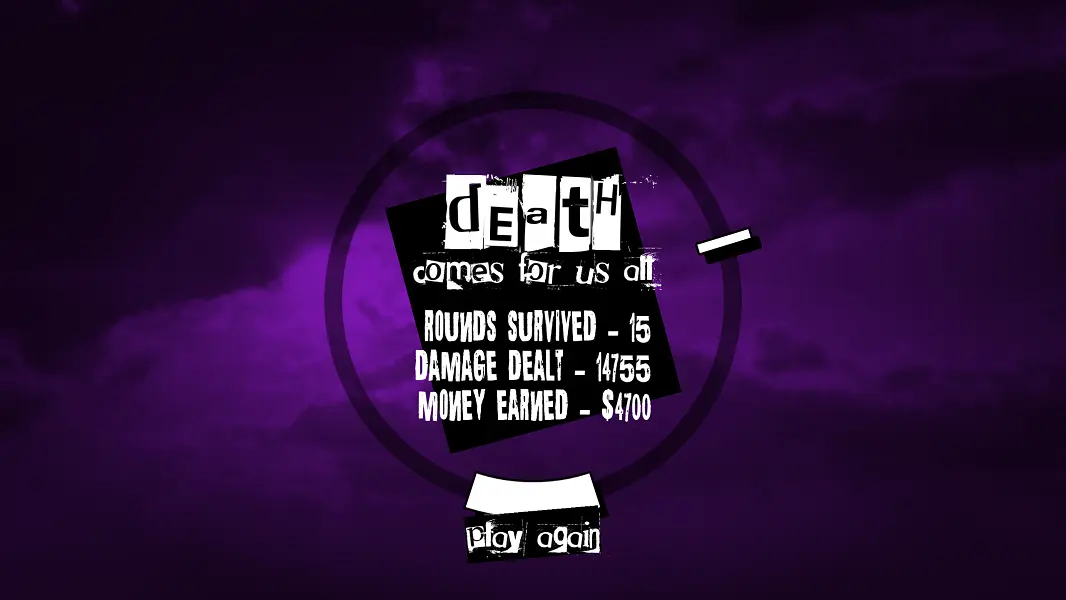 Death Spiral run summary showing rounds survived, damage dealt, and money earned.