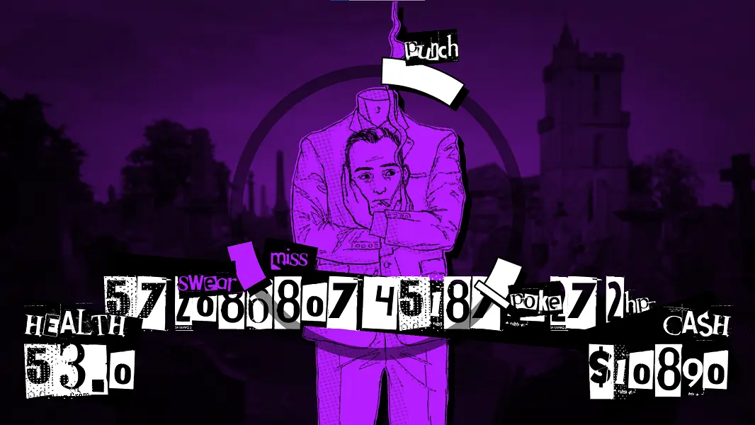 Death Spiral combat screen with a purple enemy, spinning action wheel, health, and cash.
