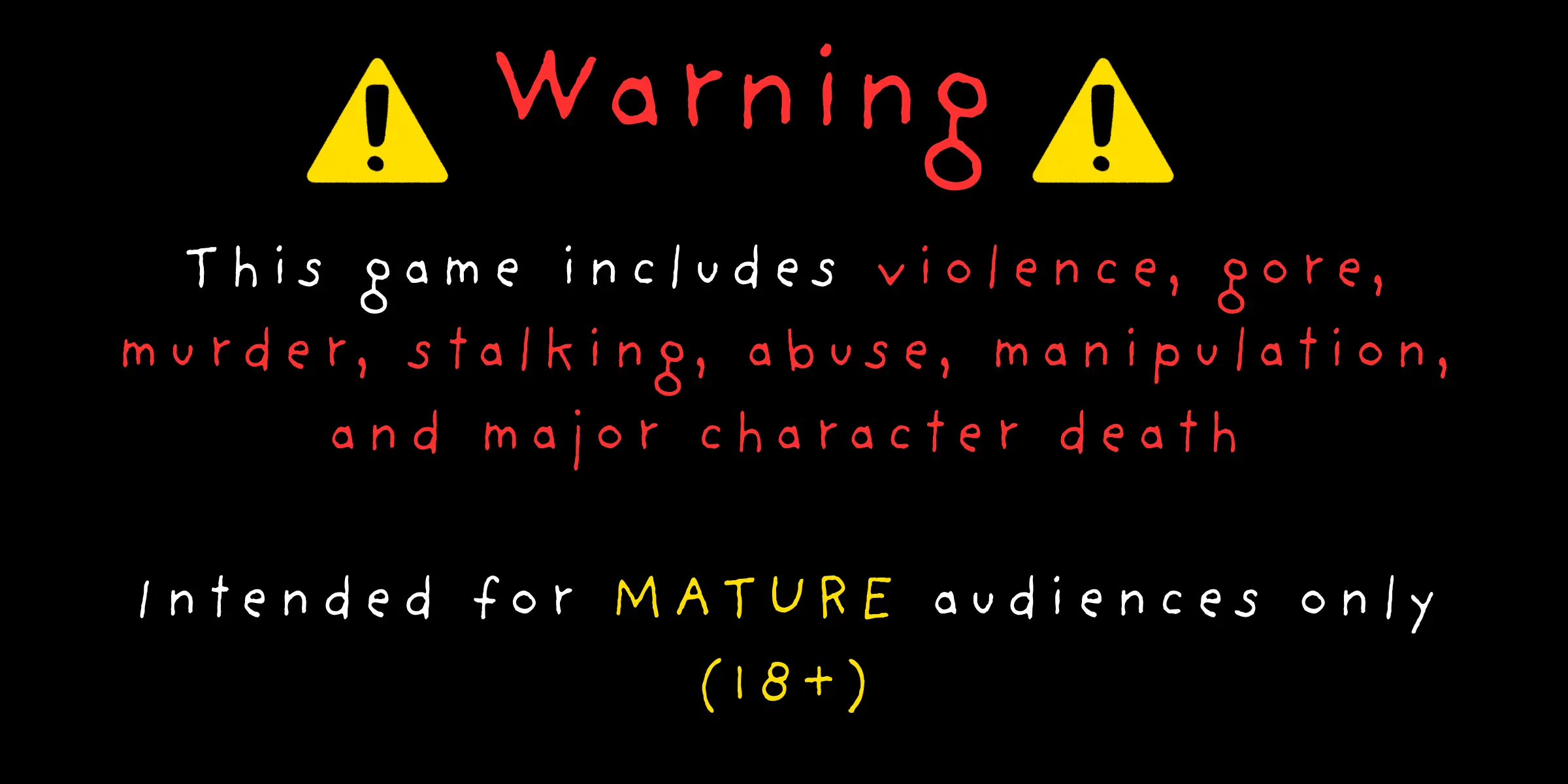 The video store content warning screen at the start of the build - the game flags violence, stalking, abuse, and major character death before the shift even begins.