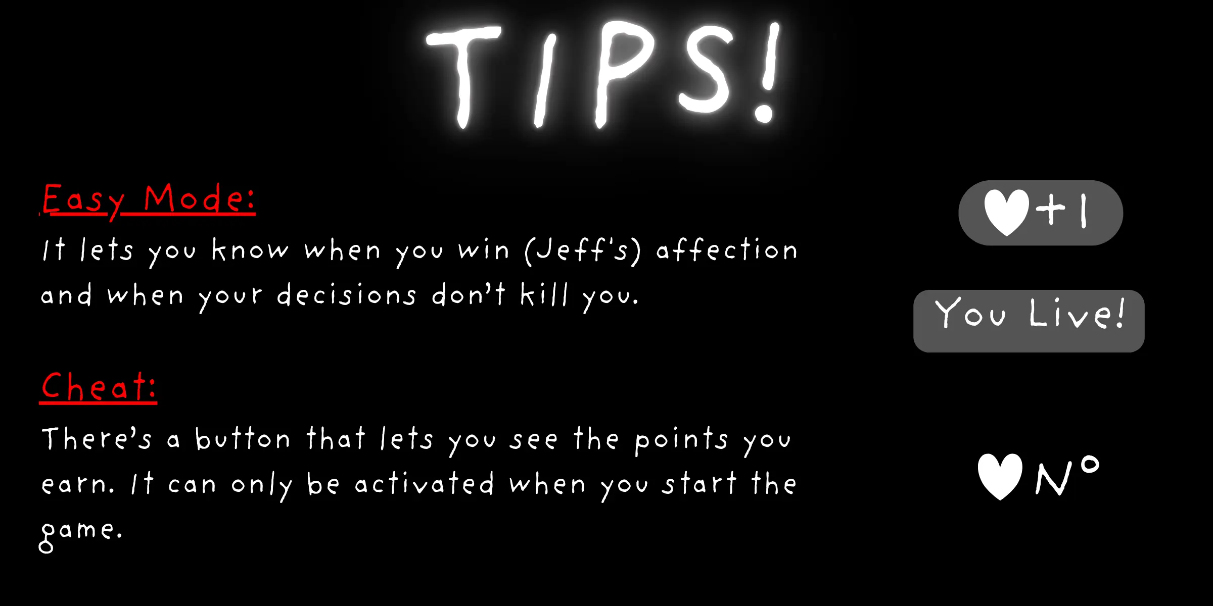 The in-game tips screen - Easy Mode tells you when you win Jeff's affection, and the Cheat button reveals the affection counter you have been building.