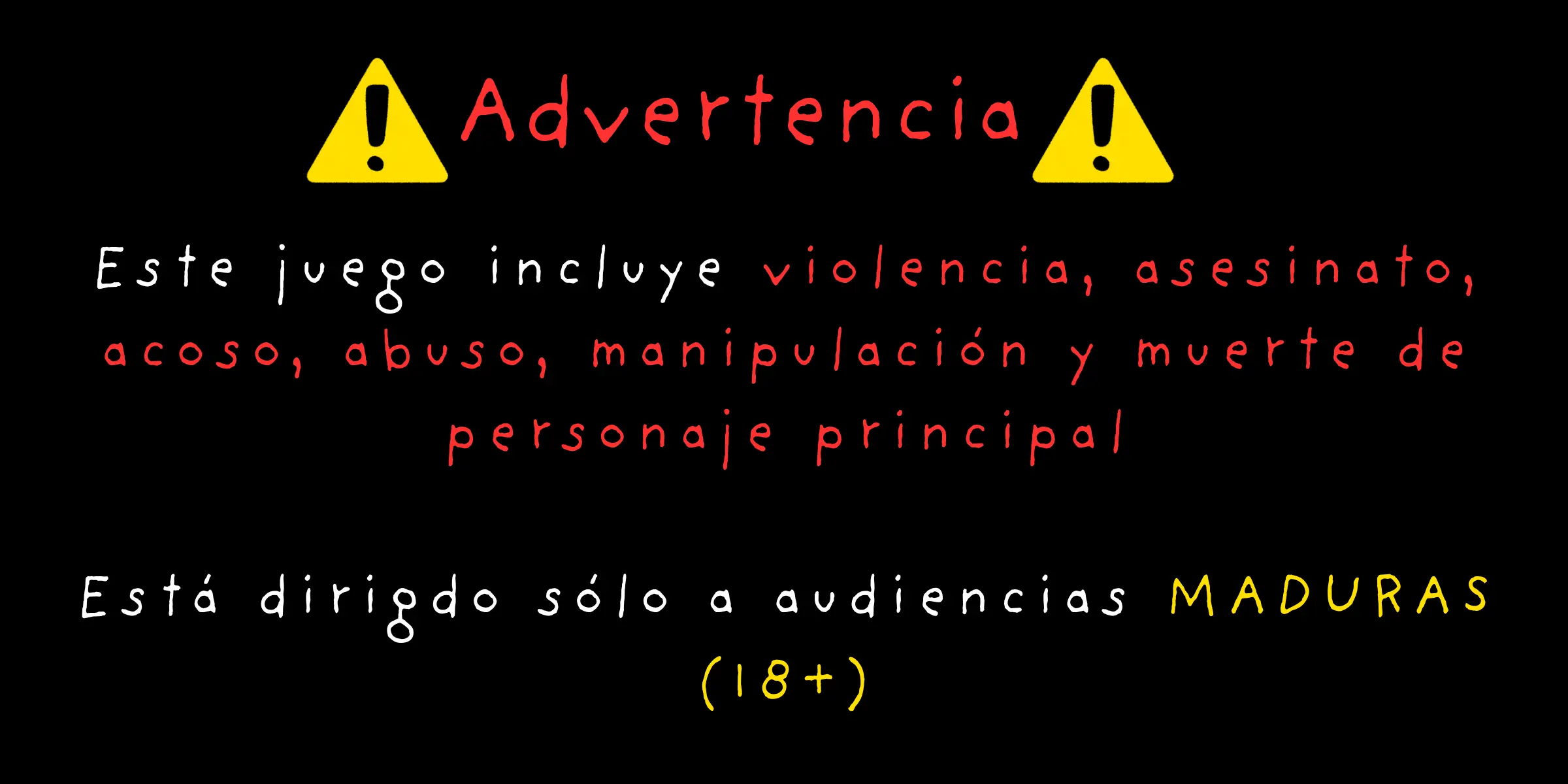 A localised warning screen showing the same content flags in another language - the build ships with multi-language content warnings.