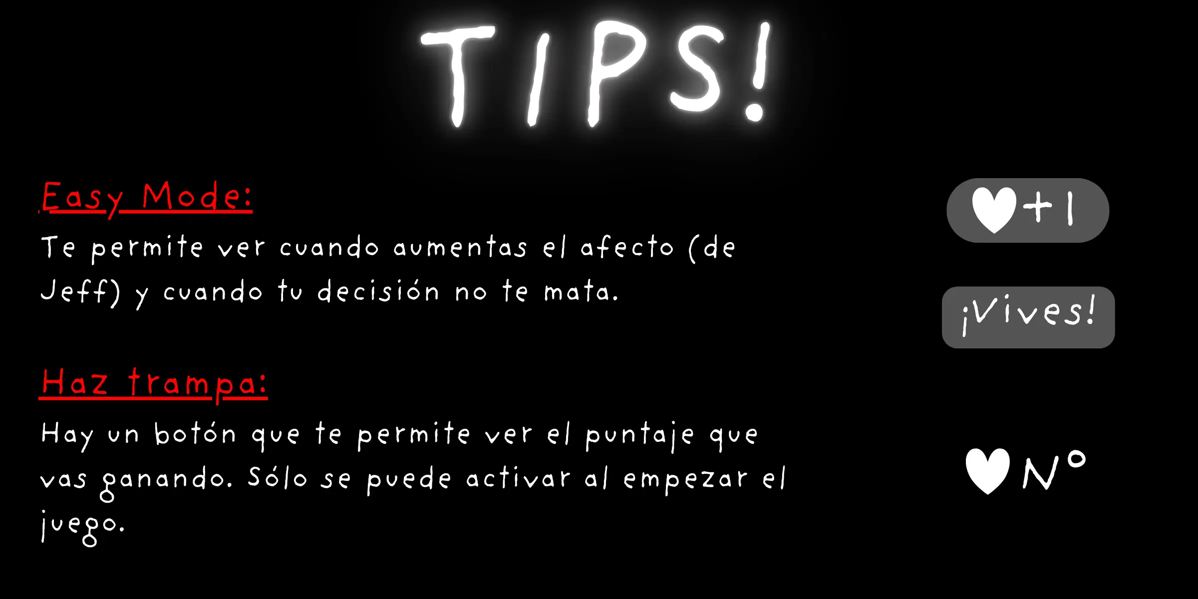 The localised tips screen - the Easy Mode and Cheat features carry across language builds, with the same affection counter logic.