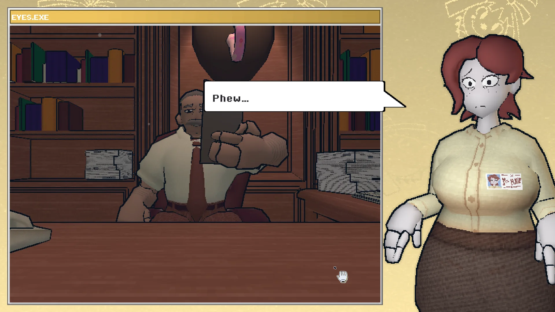 A surreal character scene from the first-person puzzle adventure Frankie's Fun House.