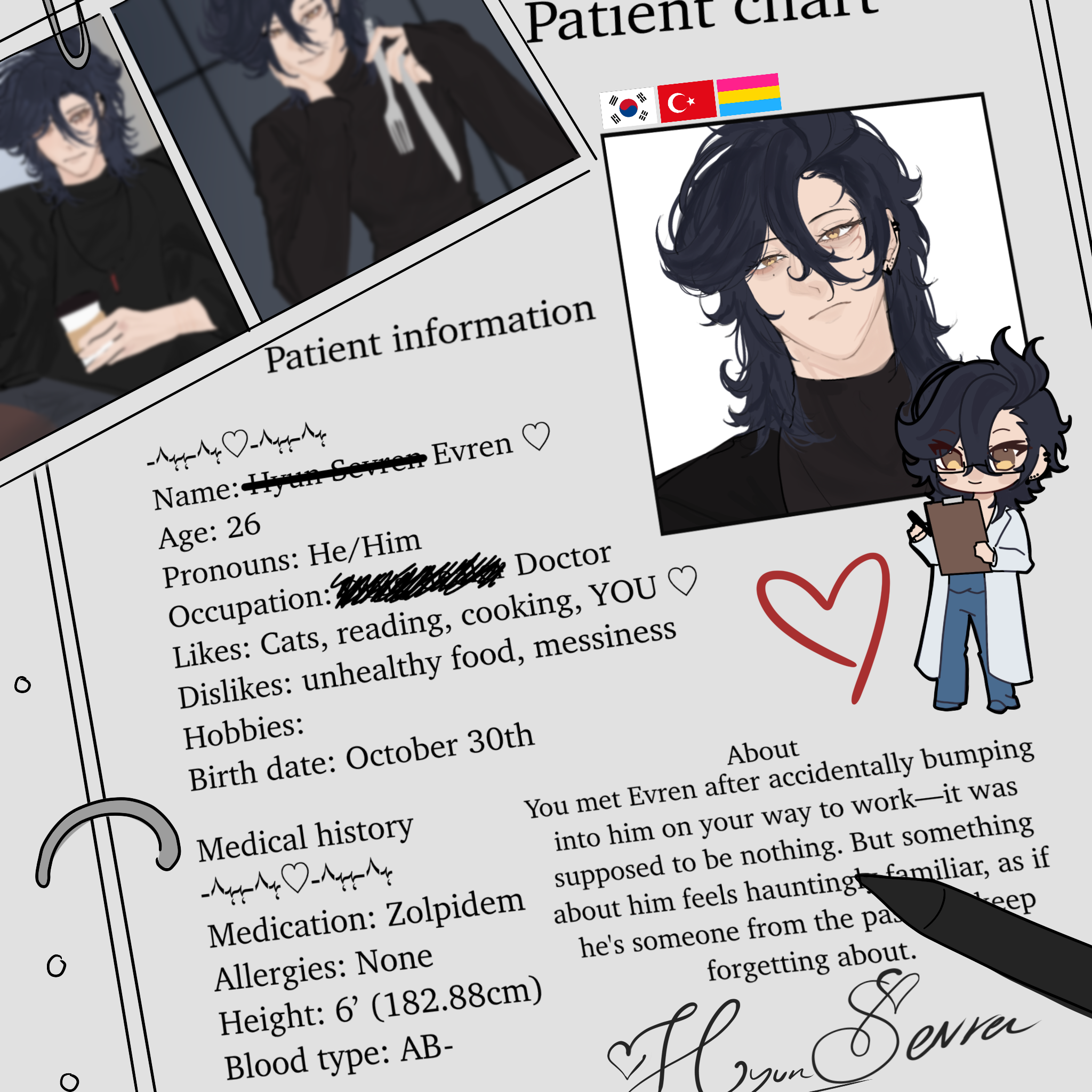 Hyun-Sevren Evren, a 26-year-old doctor with messy dark hair and a black sweater. The yandere doctor from OVERD0SE.