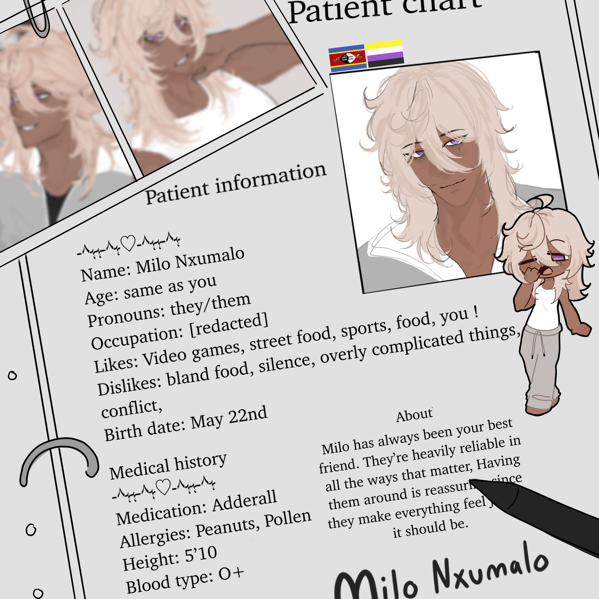 Milo Nxumalo, a blonde-haired enby with purple eyes and glasses. The player's best friend. From OVERD0SE.
