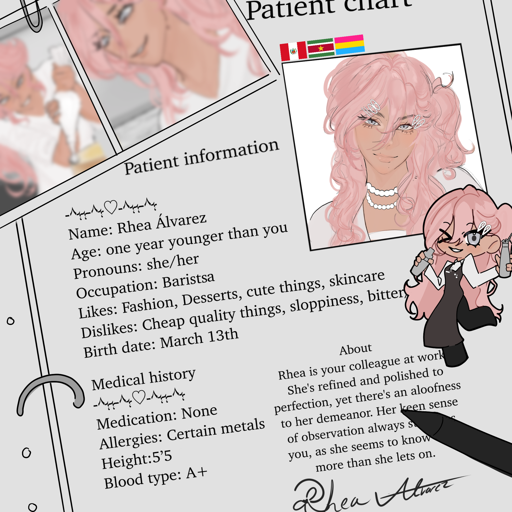 Rhea Alvarez, a pink-haired barista with a pearl necklace. Polished, aloof, observant. From OVERD0SE.