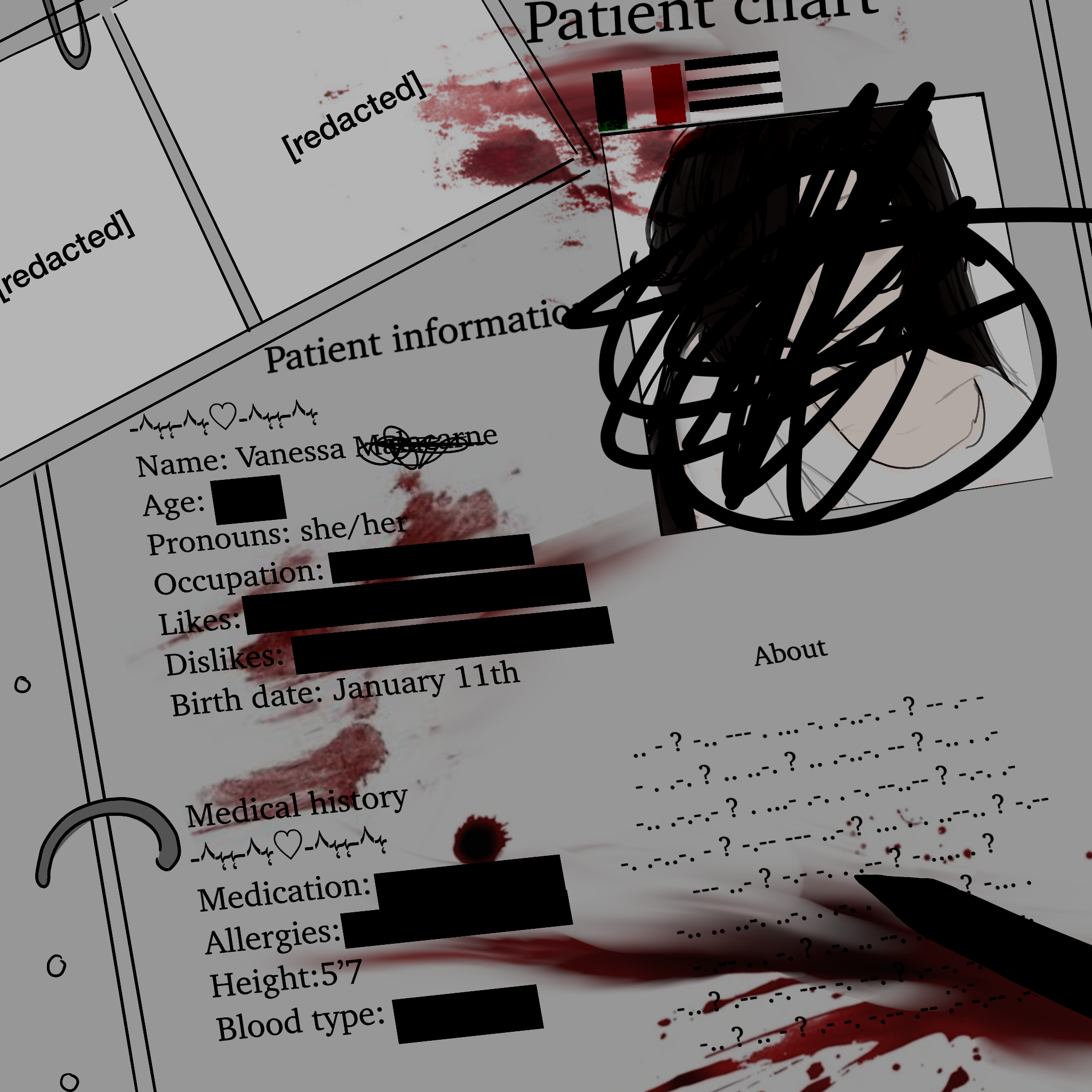 Vanessa, a redacted and blood-stained patient chart with the photo and details crossed out. From OVERD0SE.