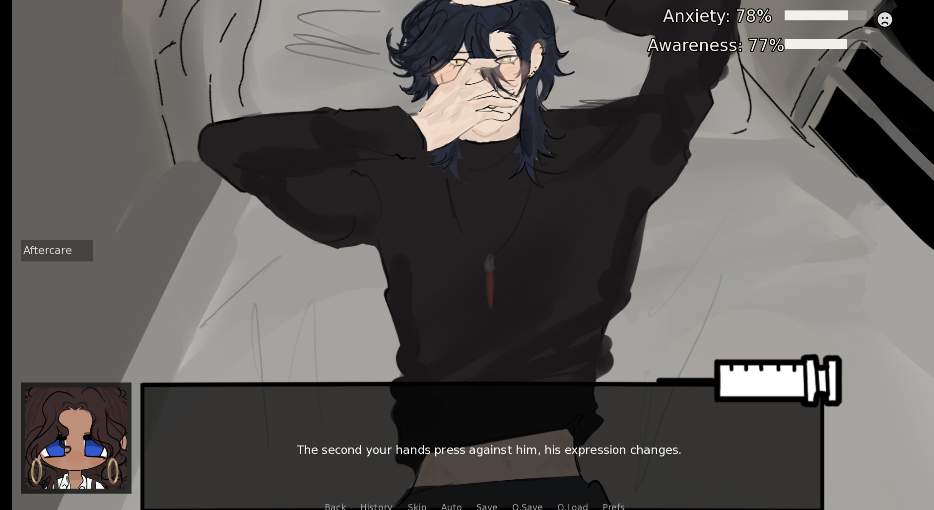 OVERD0SE post-needle scene: the doctor's hand on his face, the MC's portrait in the corner, and Anxiety / Awareness meters reading 78% and 77%. A line reads 'The second your hands press against him, his expression changes.'