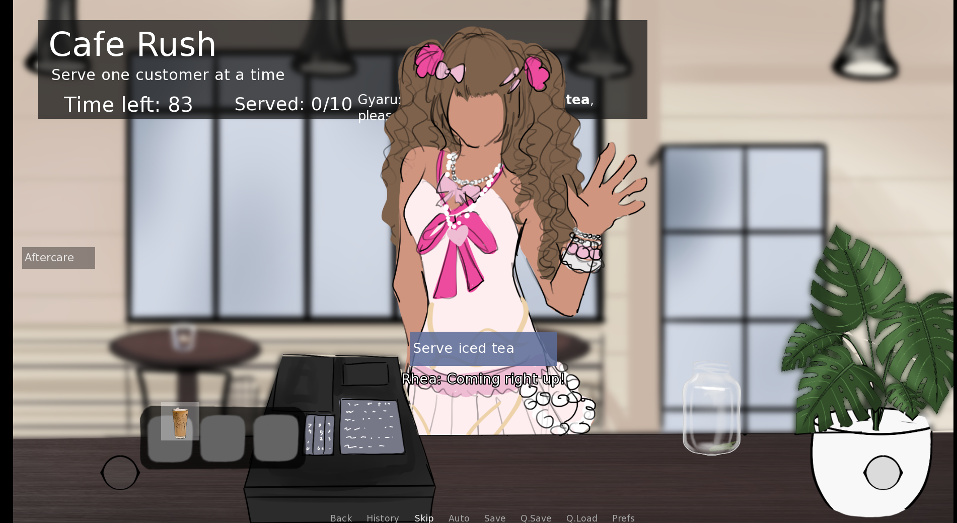 OVERD0SE Cafe Rush minigame: a pink-haired barista in a white dress serves iced tea under a 'Serve one customer at a time' prompt. A relaxed scene before the horror.