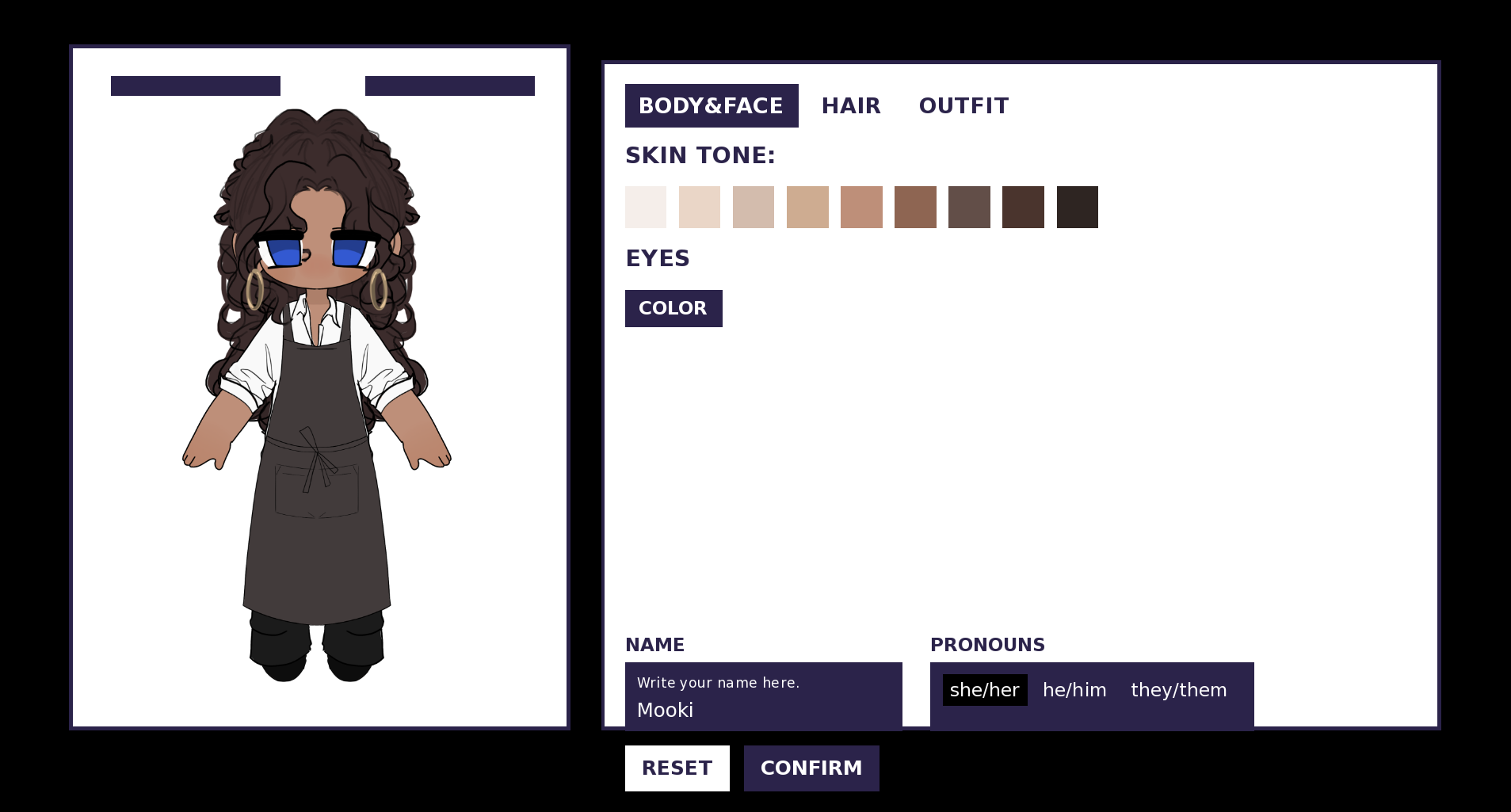 OVERD0SE character creator: customize the MC's body and face, hair, outfit, skin tone, eye color, name, and pronouns (she/her, he/him, they/them).