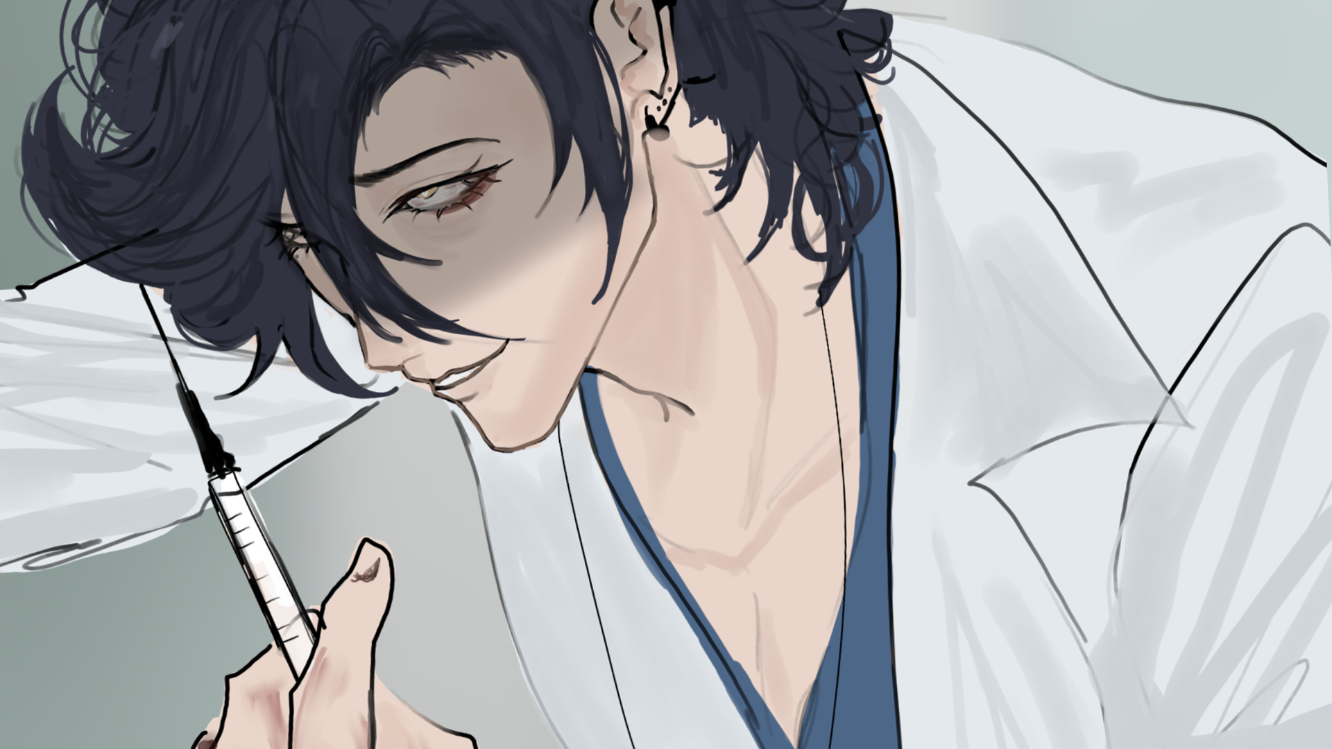 The doctor from OVERD0SE holds a syringe, looking down with a tired, unsettling calm. Hand-drawn CG from the playable build.