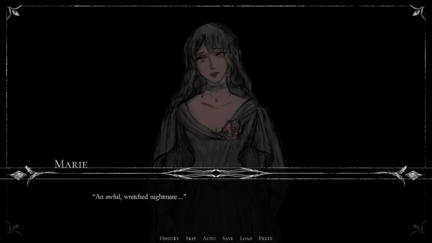 Marie in the studio at the start of the build - 'An avid, wretched nightmarer,' the dialogue reads, and the room is darker than the title screen suggests.