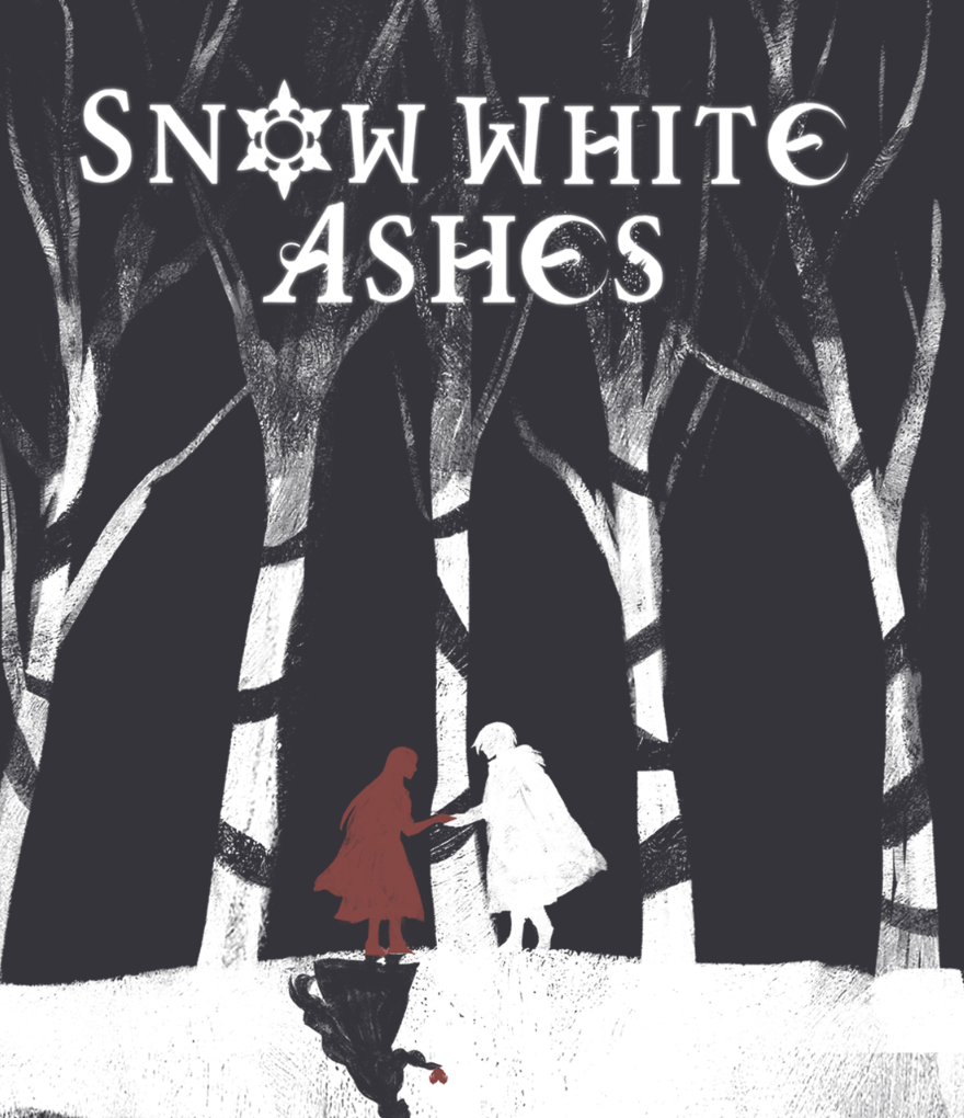 The Snow White Ashes route screen - a single red figure walking through a black-and-white forest, the title set in fractured serif type.