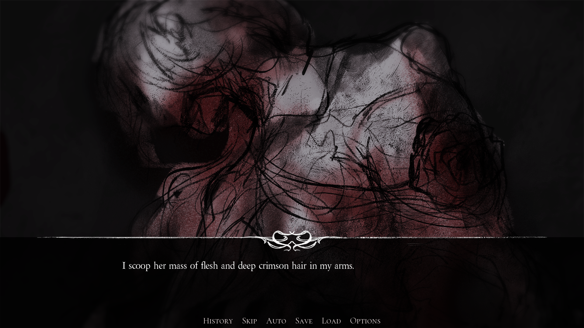 A late-game studio scene - two figures, the painter and the subject, and the caption 'I sway her mass of flesh and deep crimson hair to my arms' over the bottom of the canvas.
