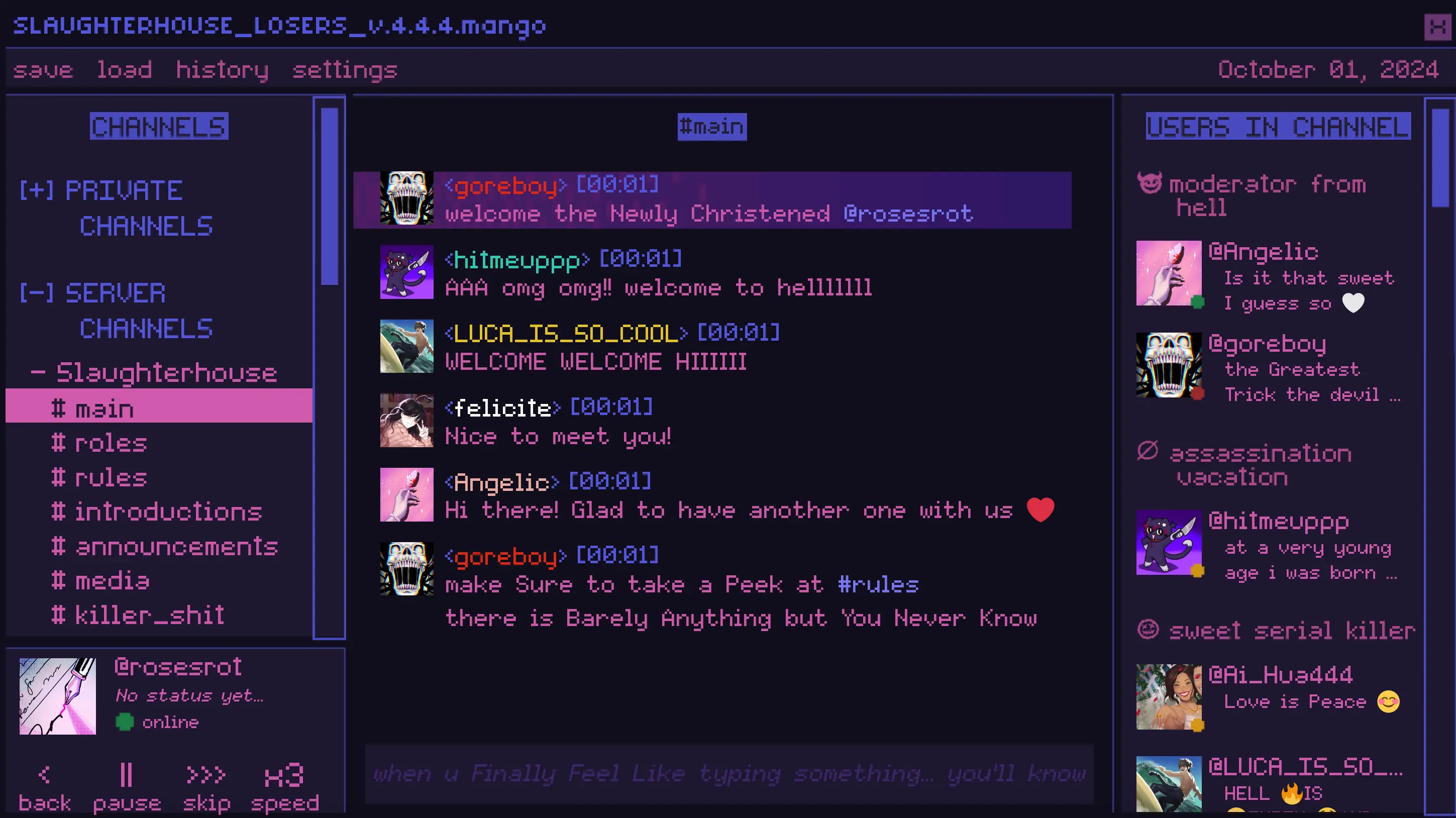 The Saved Chats history page - a slash-thewhore_logs_v.4.4.4.mongo file with a list of pinned messages and channel entries, dated October 01, 2026.