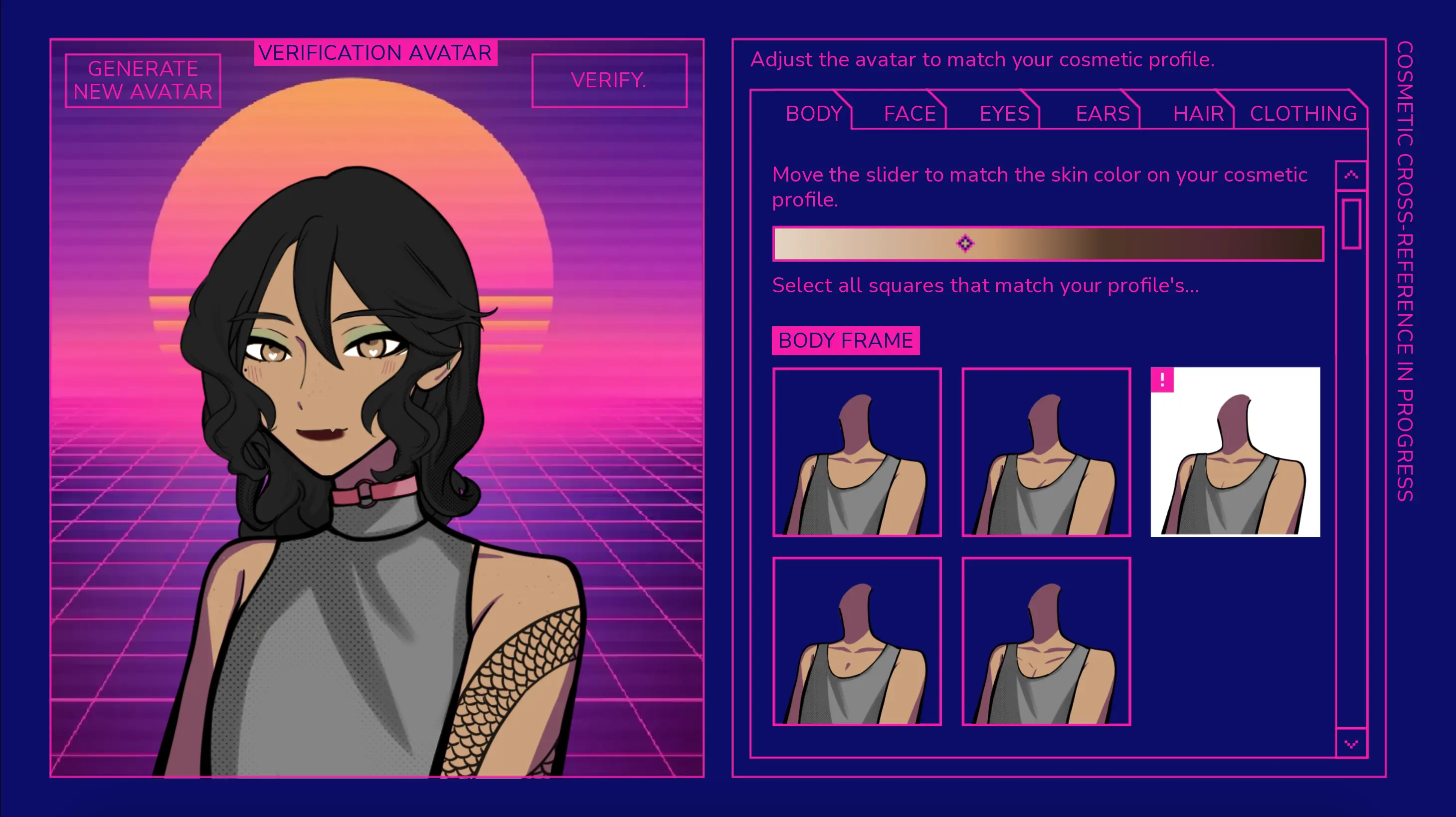 The character profile screen - a pink-and-purple profile card with a question and a multi-choice answer field, framed by a virtual-sunset gradient.