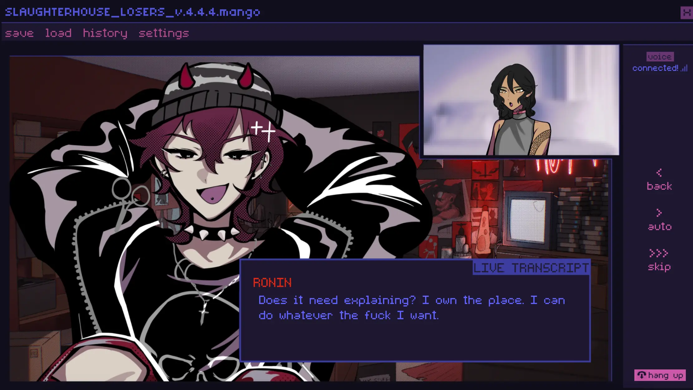 A late-game private channel - a demon character with horns and a smirk, a smaller picture-in-picture of the private character, and the question 'Does it need explaining? I own the place. I can do whatever the fuck I want.'
