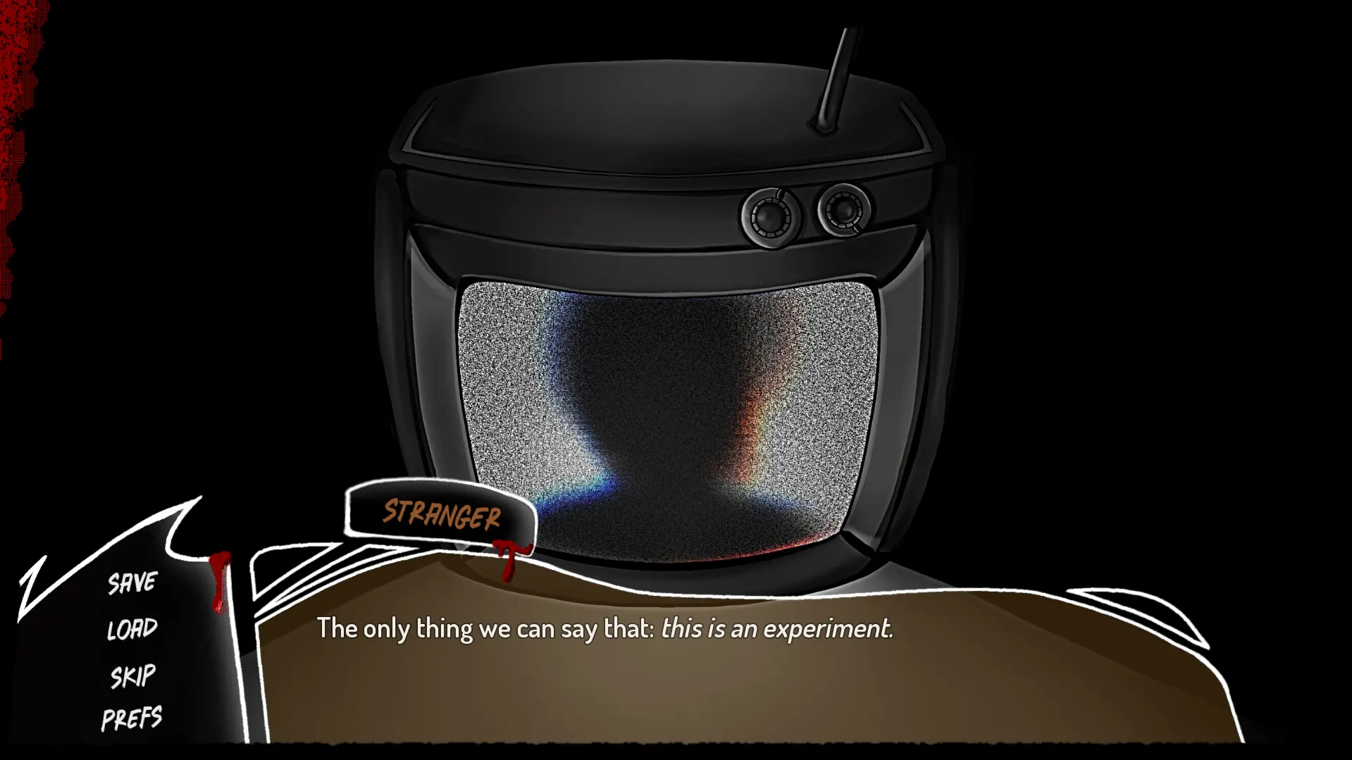 The Trainer appears on the platform at the start of the build - an old TV face rendered in static, with the line 'The only thing we can say that this is an experiment' below the dialogue box.