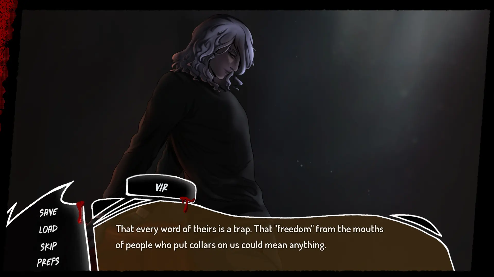Hart at the late-game platform - white hair, long coat, the line 'That every word of theirs is a trap. That freedom from the mouths of people who pull collars on us could mean anything.'