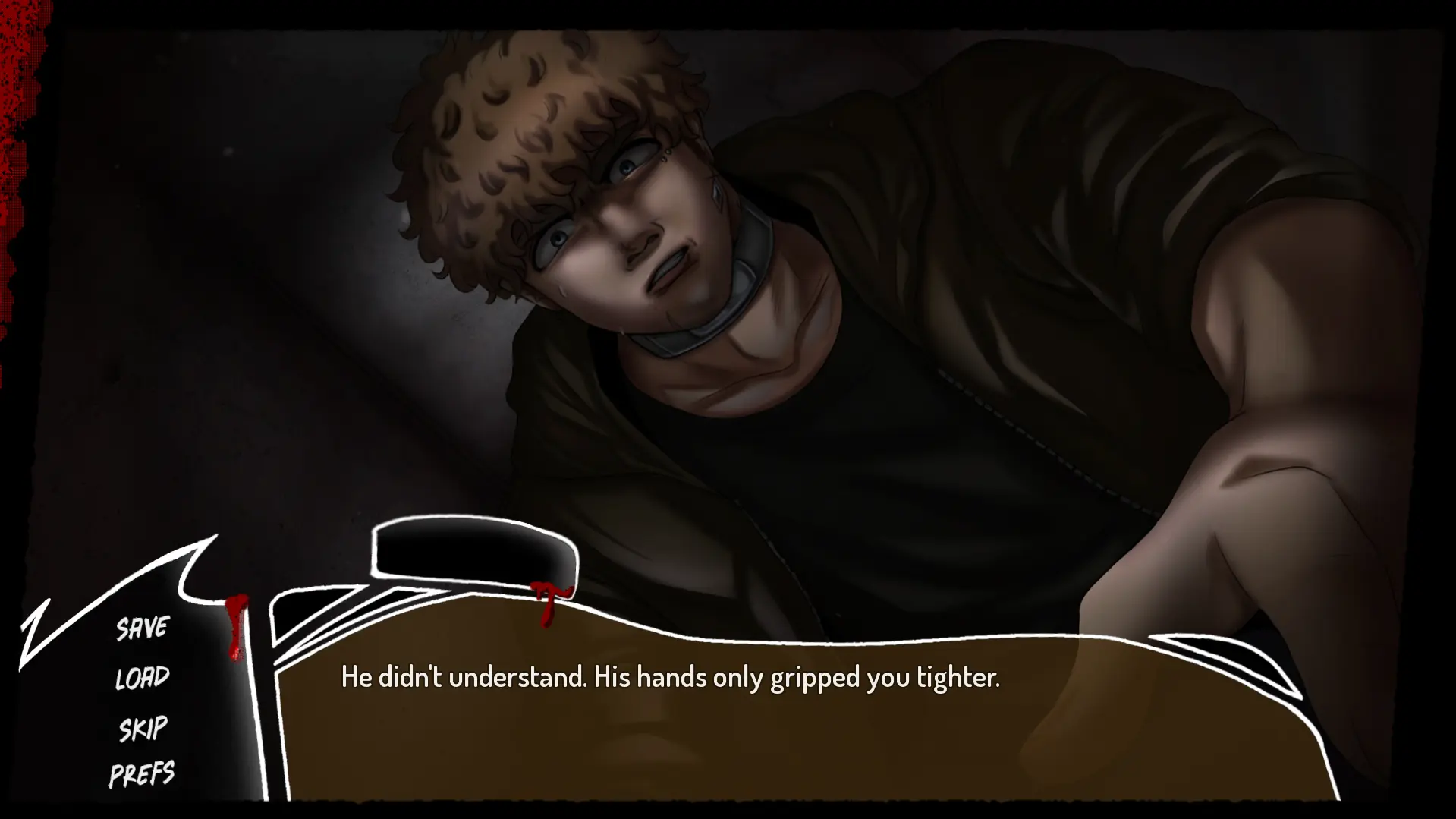 A close-up of the antagonist in the late game - curly hair, a leather strap, the line 'He did not understand. His hands only gripped you tighter.'