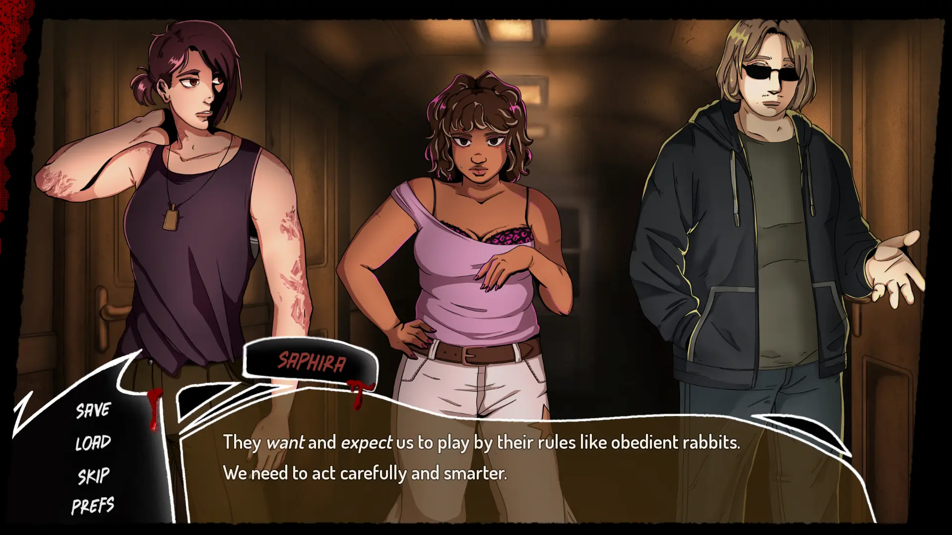 Sophie and the late-game ensemble - three figures at the back of the train, the line 'They want and expect us to play by their rules like obedient rabbits. We need to act carefully and smarter.'
