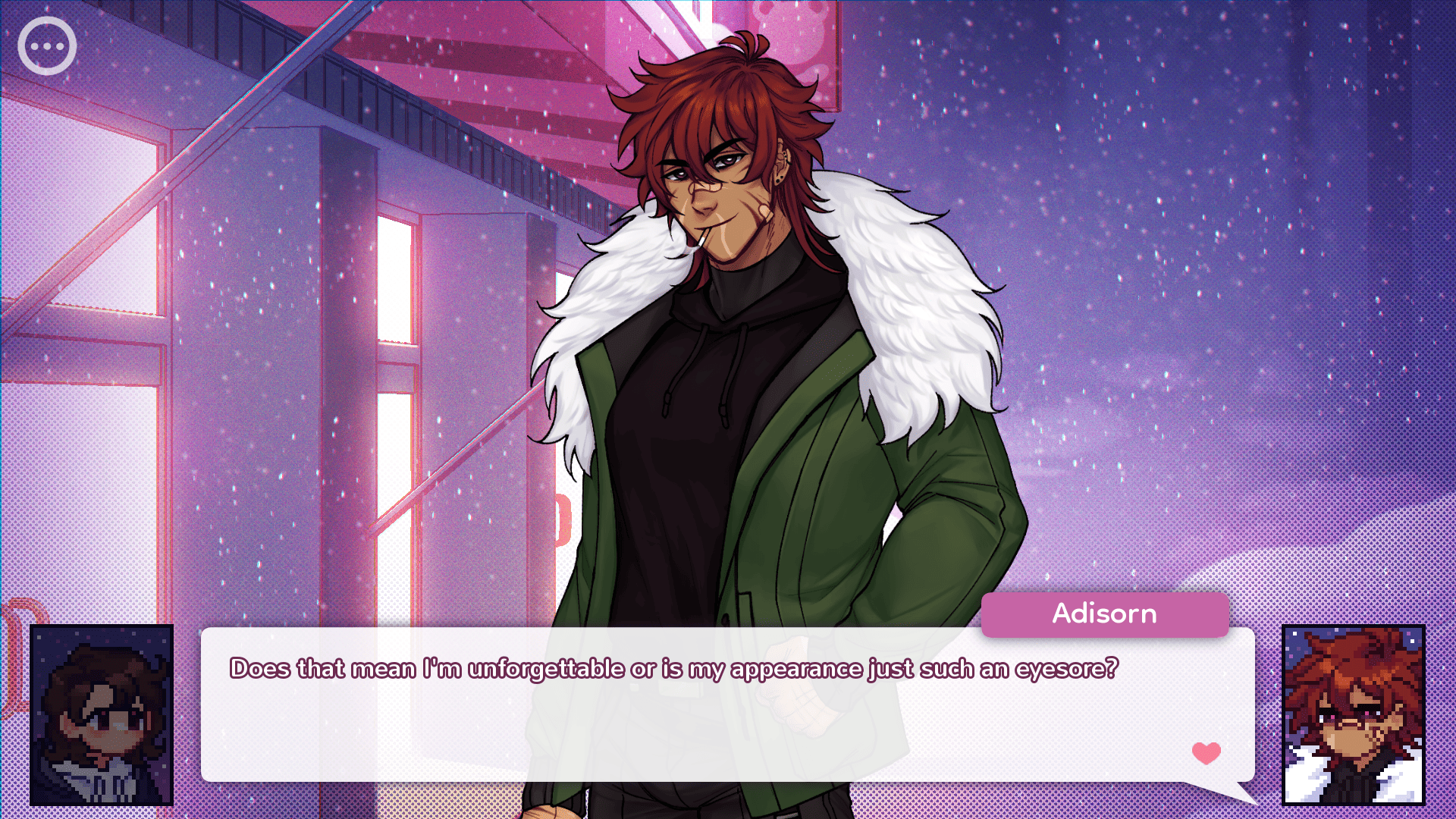 An Online Obsession character customization screen with pronouns, personality, skin tone, hair texture, length, and colour - the version of yourself you bring into the meetup.