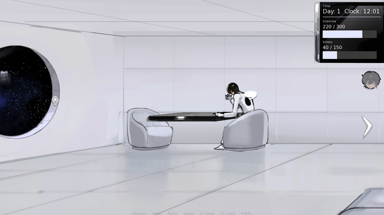 A Prisoners character art panel of Xor in a softer moment, the program's pressure lifted briefly as the two share the everyday detail of the room.