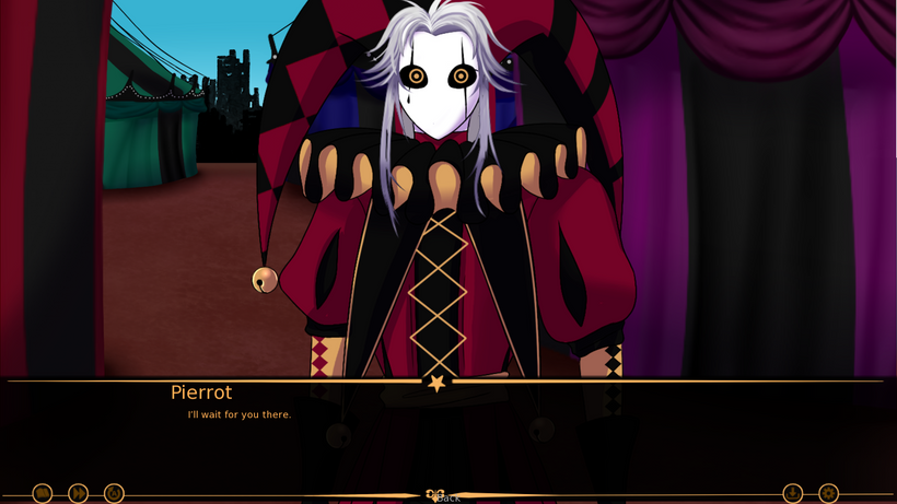 The jester in the centre ring - a white-faced Pierrot with a red-and-black costume and a broken smile, the line 'I'll tell you, then~' under the dialogue box.