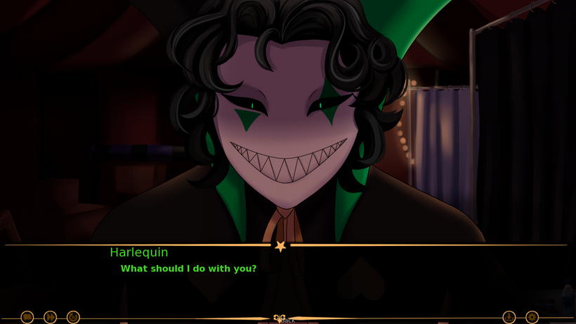 Harlequin appears - a green-and-black jester with a cracked-star eye, the line 'What should I do with you?' set against the red rope lights of the tent.