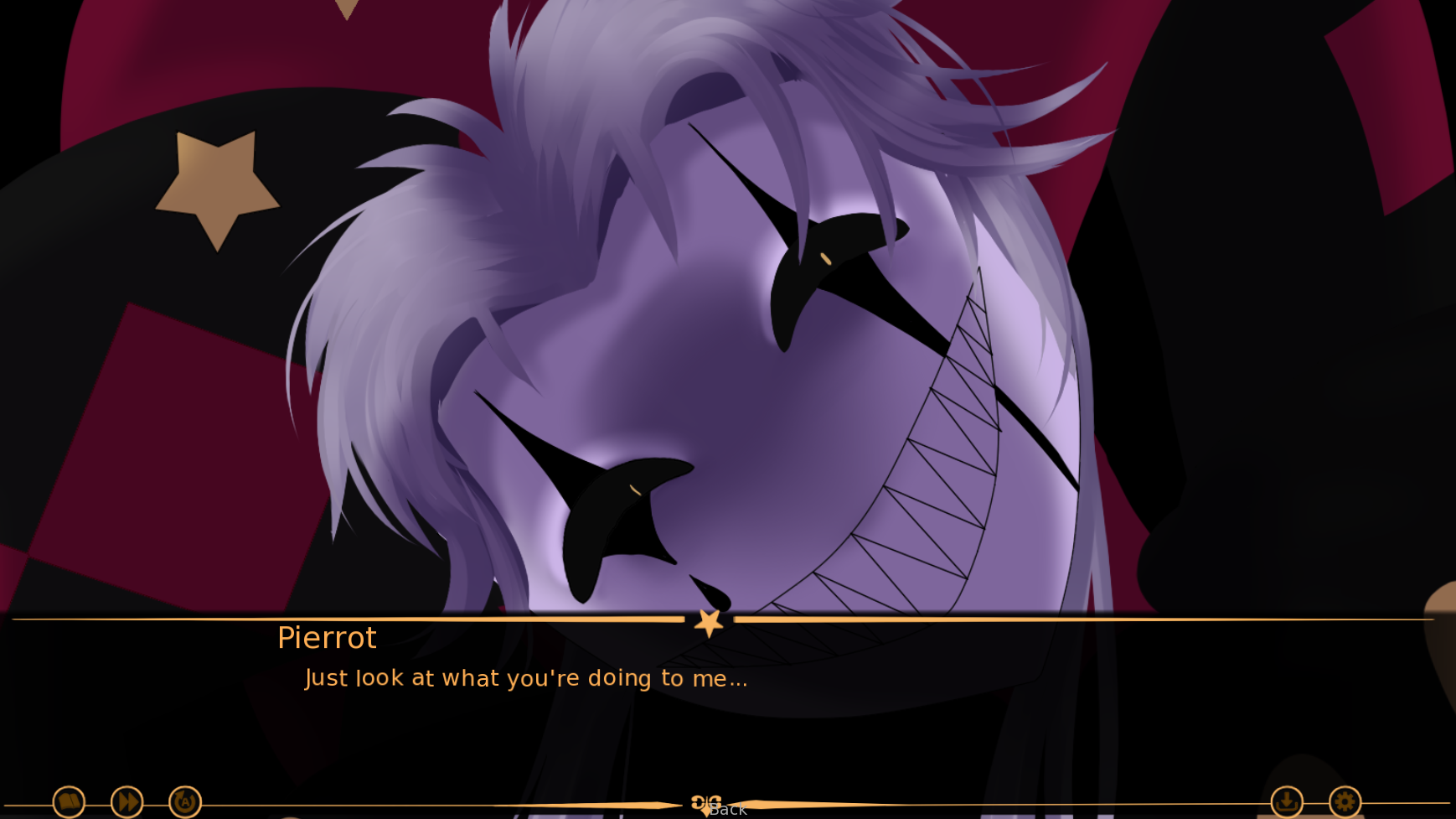 A close-up of the jester at the late-game centre ring - the smile has not changed, but the eyes have, and the line 'Just look at what you're doing to me...' is the only caption on the screen.
