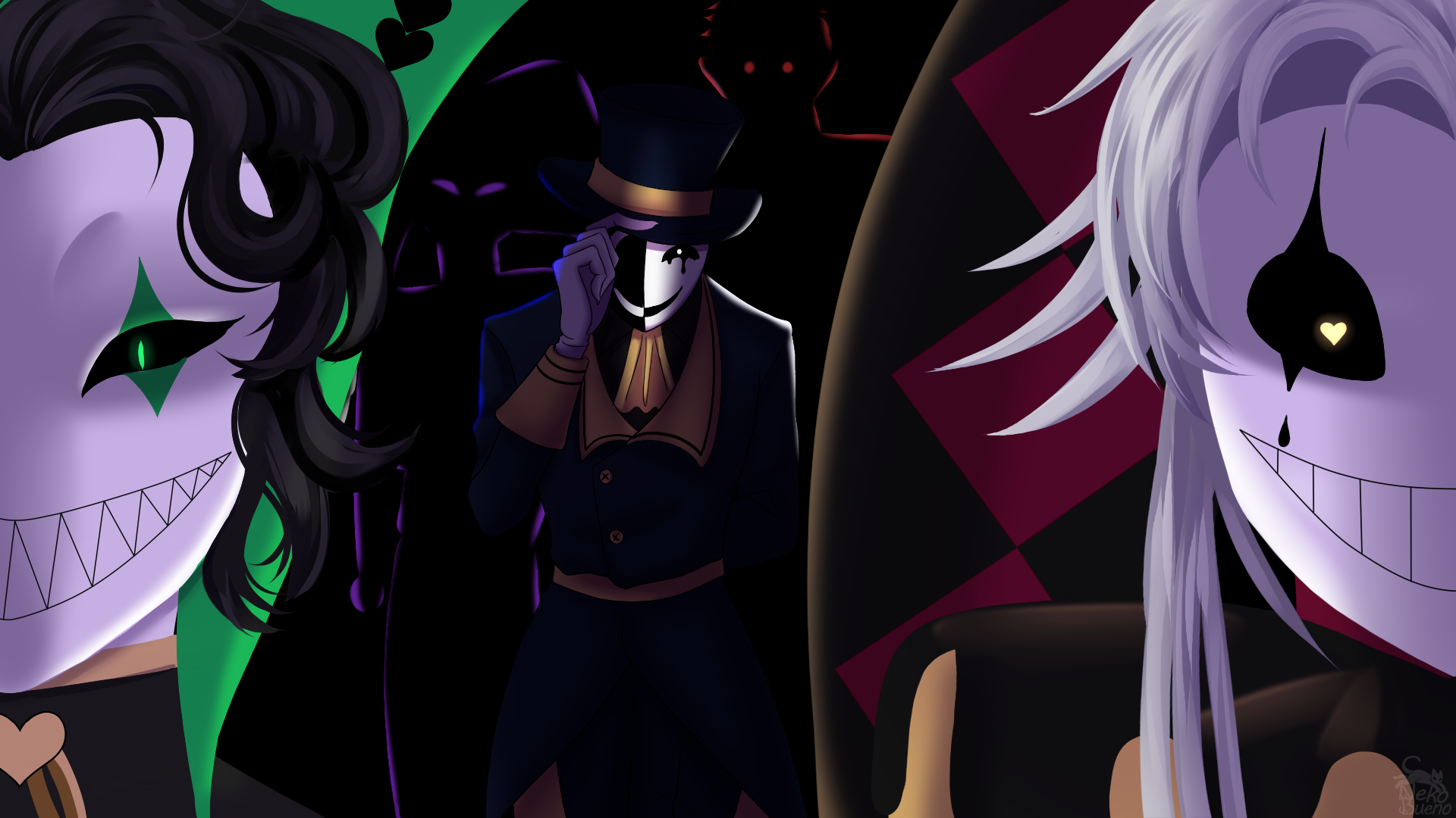 The full cast at the back of the tent - Harlequin, the dark-suited Ringmaster, and the white-faced jester all in the same frame, none of them looking at the audience.